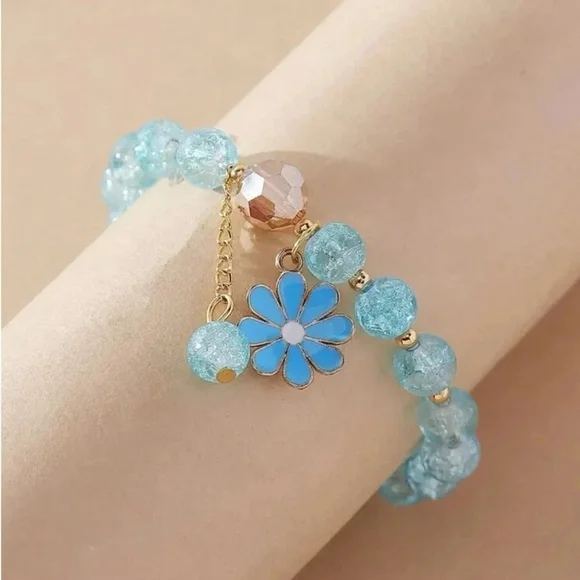 ⚠️Clearance Blue And Gold Flower Charm Beaded Bracelet SS - Picture 3 of 6
